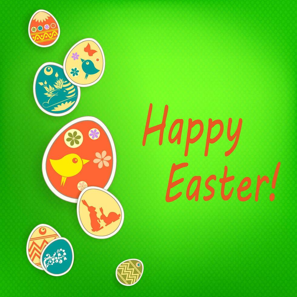 Easter green composition with beautiful eggs drawn by a garland with a silhouette of a bird and a rabbit. vector