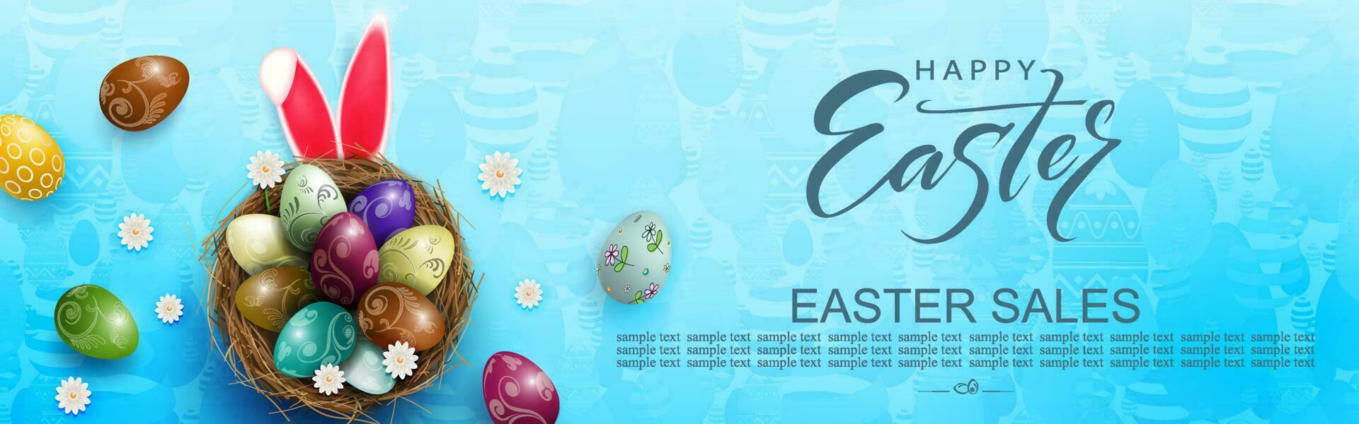 Blue illustration with Easter eggs in a nest and rabbit ears. vector