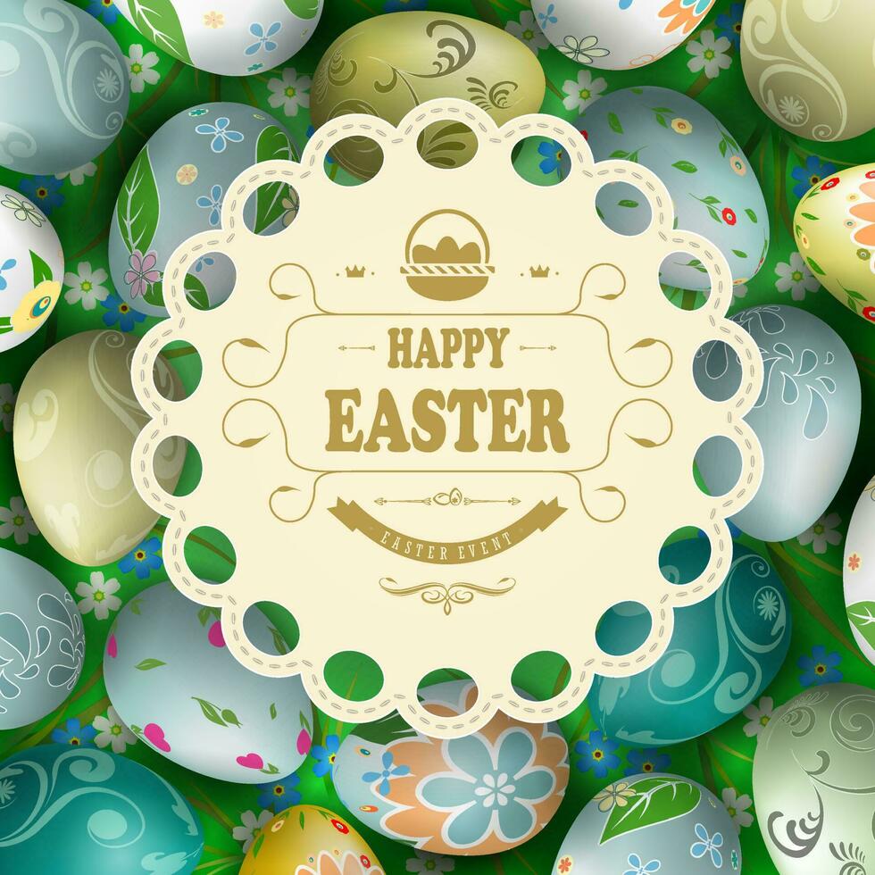 Easter composition with beautiful eggs drawn in a circle, light curly round frame with braid and text. vector