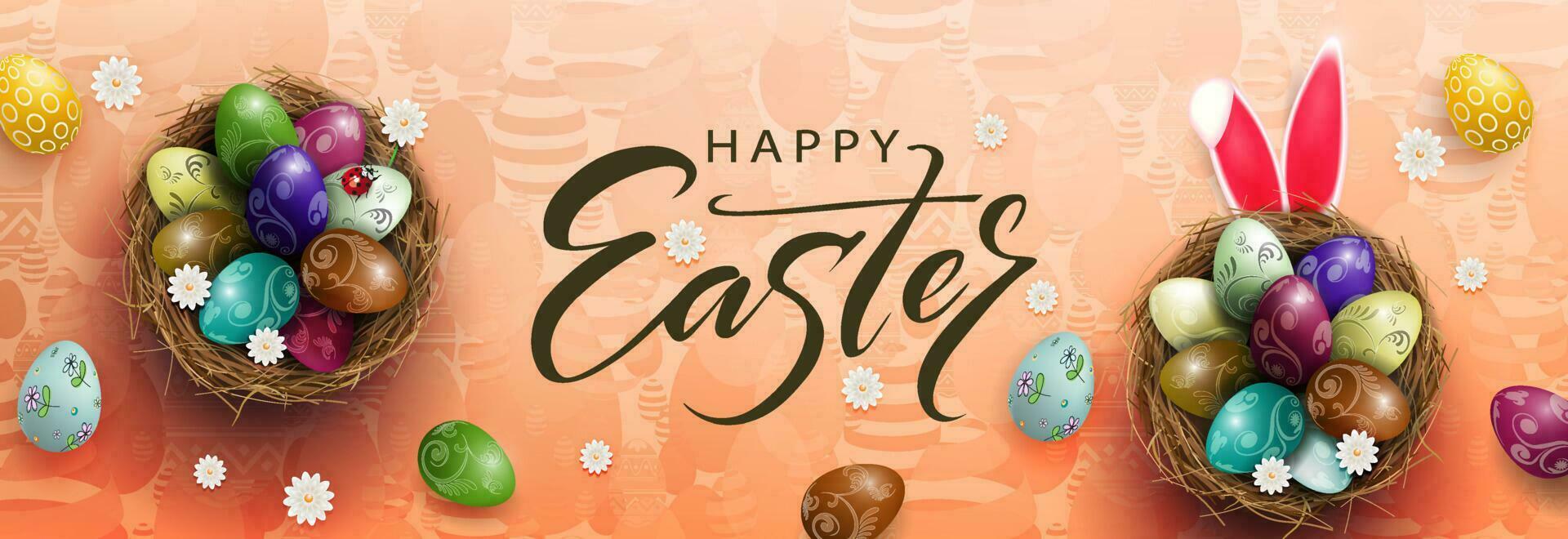 Brown texture illustration with Easter eggs in the nest and rabbit ears. vector