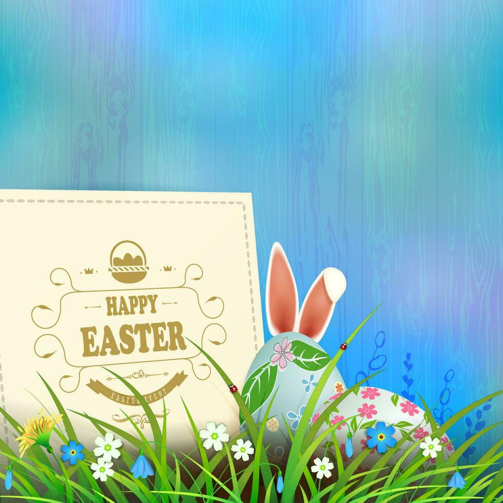 Easter composition in a light blue hue with a square frame, eggs and rabbit ears, spring flowers and grass. vector