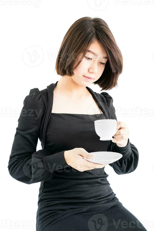 Woman holding coffee cup isolated on white photo