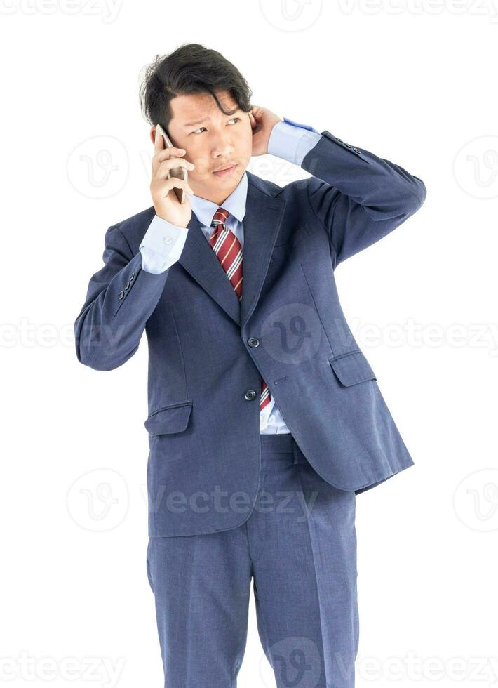 Business men portrait holding phone isolated on white photo