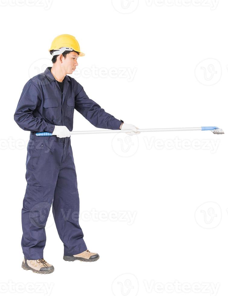 Young man hold squeegee window cleaner isolated on white photo