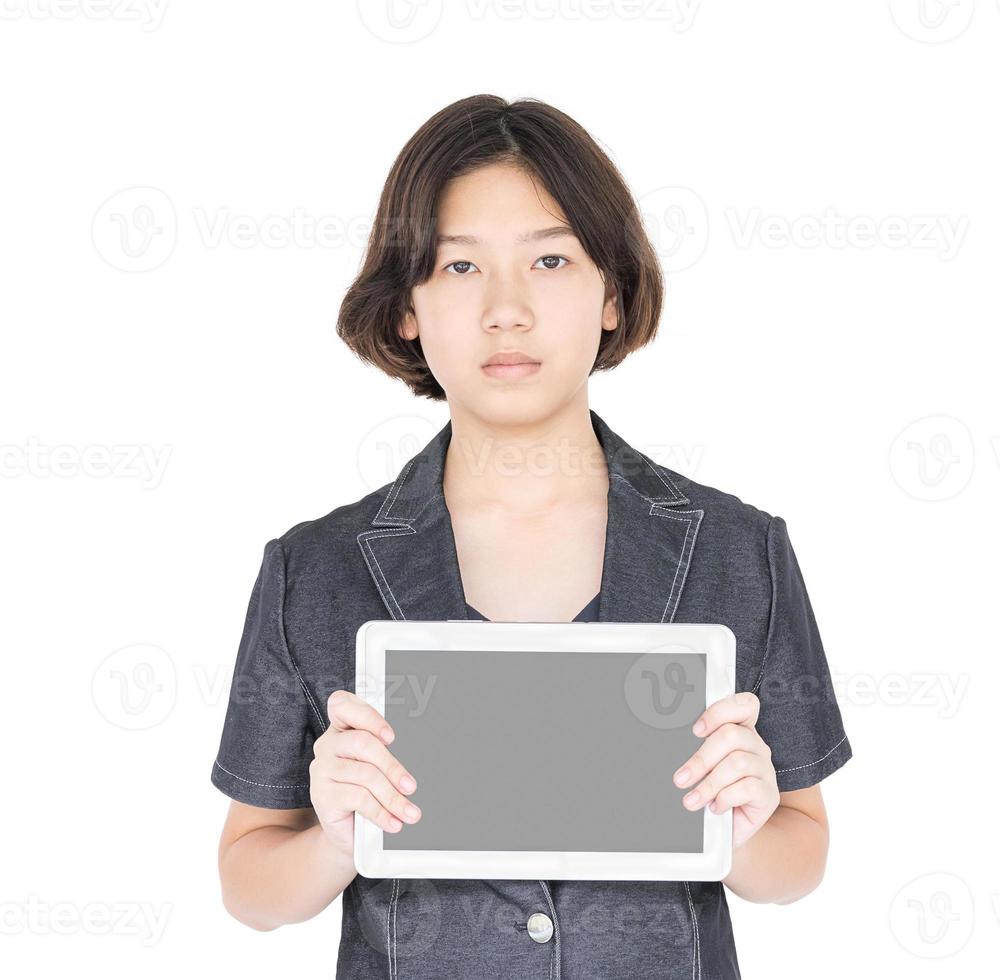 Woman holding up  blank tablet computer photo