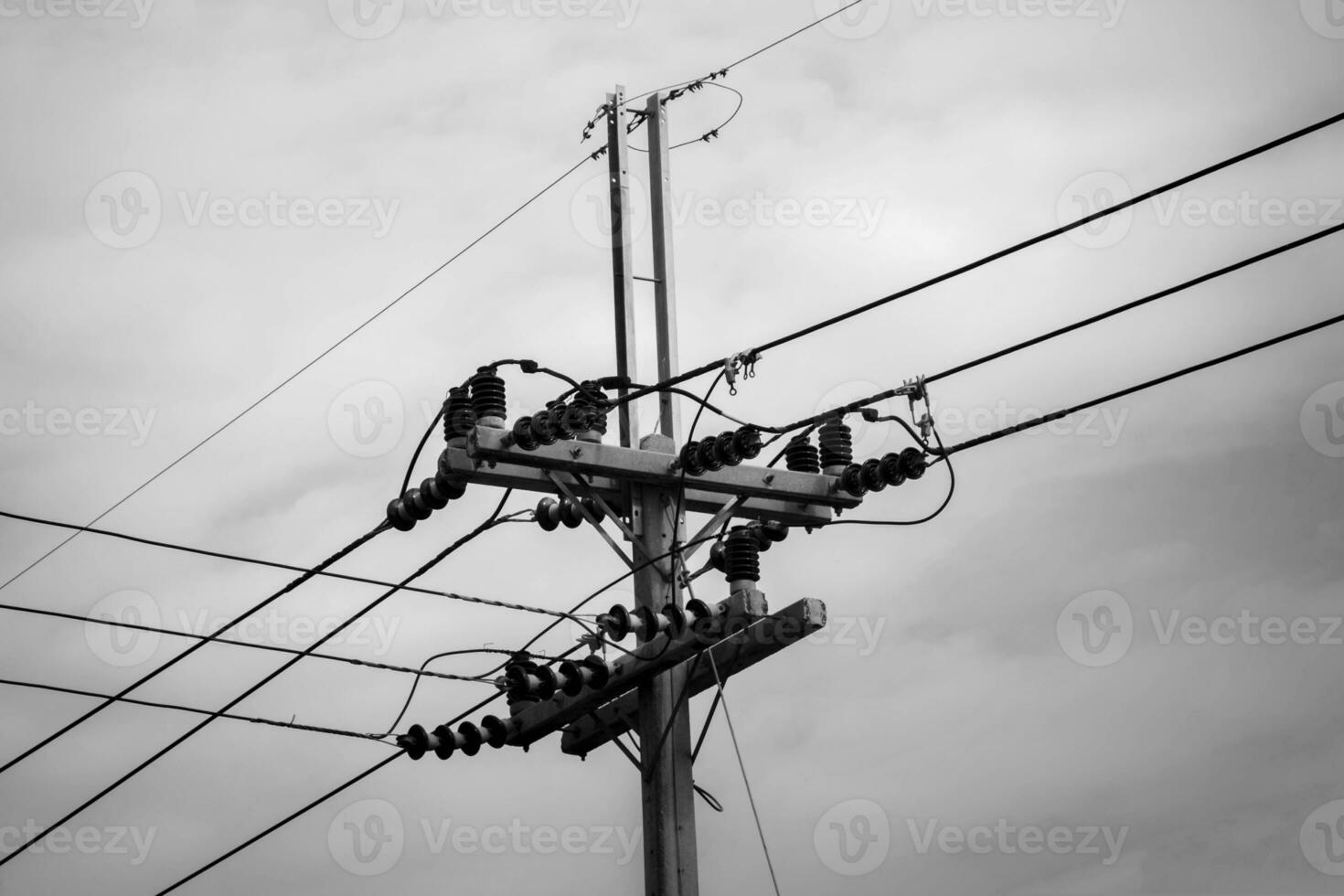 Medium voltage power lines and poles supply electricity to the people and people have used it as a modern technology designed and constructed by electrical engineering for consumer use. photo