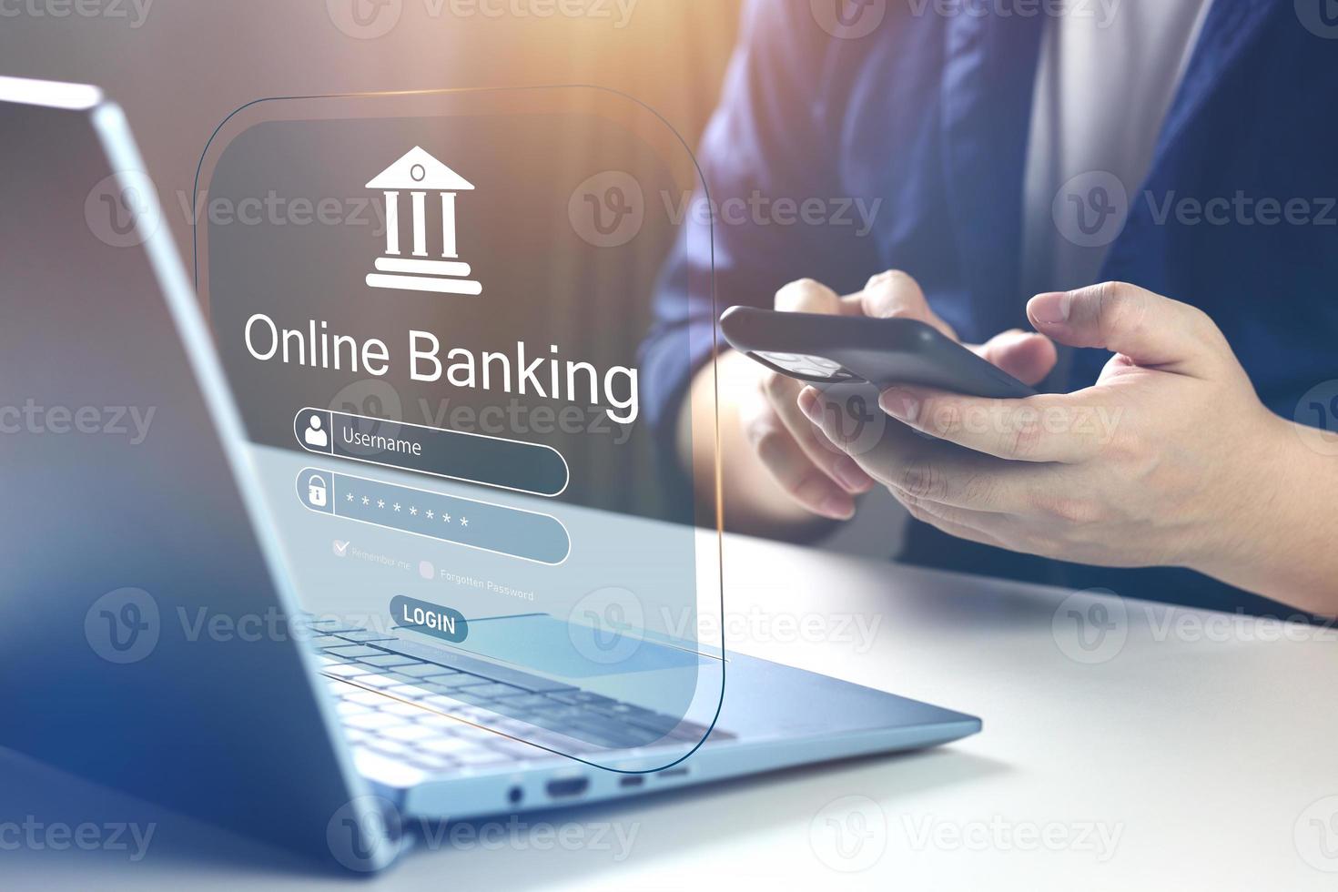 Online banking, and financial management networks online. Human hand using online banking application on mobile. Concept of online payment with encrypted security to access transaction data photo