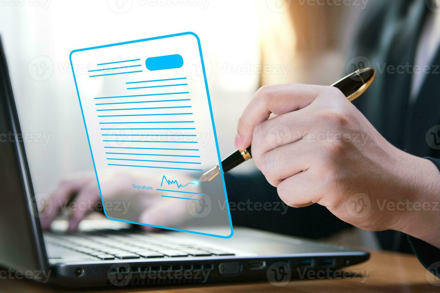 Electronic signature concept and technology and online document management DMS for paperless offices. Businessman uses pen to sign electronic documents on virtual screen digital document. photo