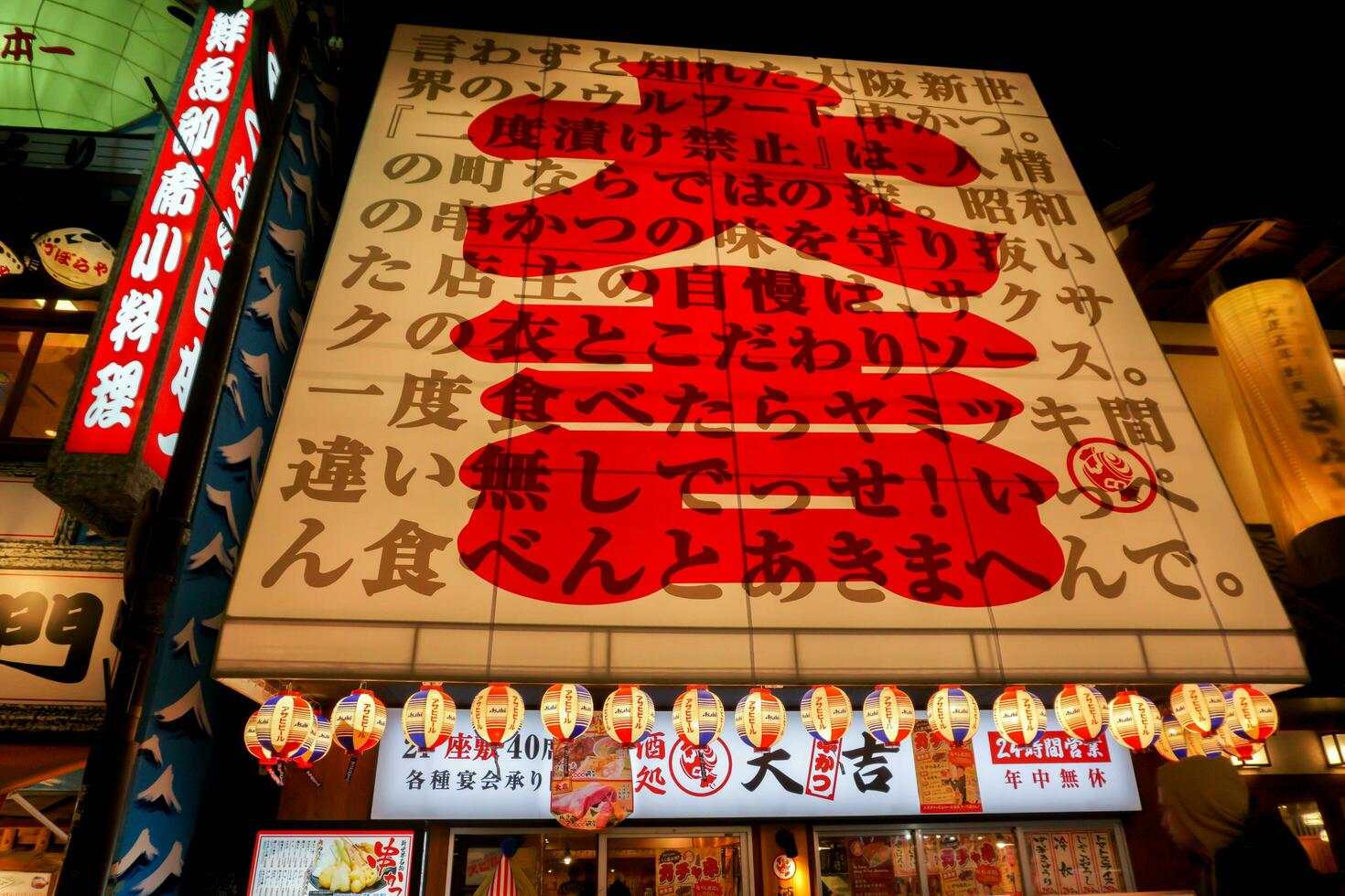 Osaka, Japan, 2018 Japanese restaurant neon signs at Shinsekai area. One of tourist popular landmarks in Osaka city. photo