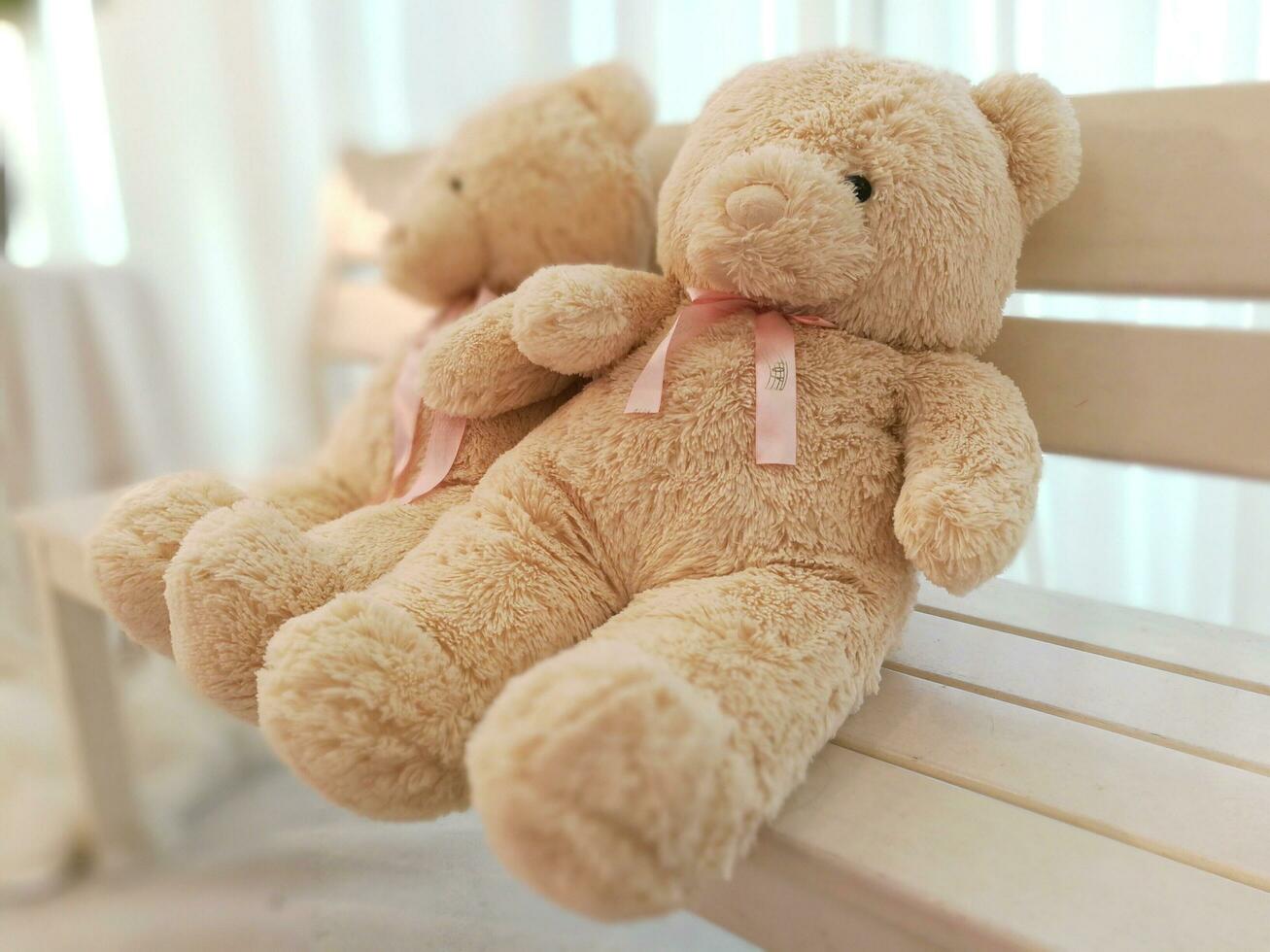 Big lover Teddy Bear put on wooden chesterfield. photo