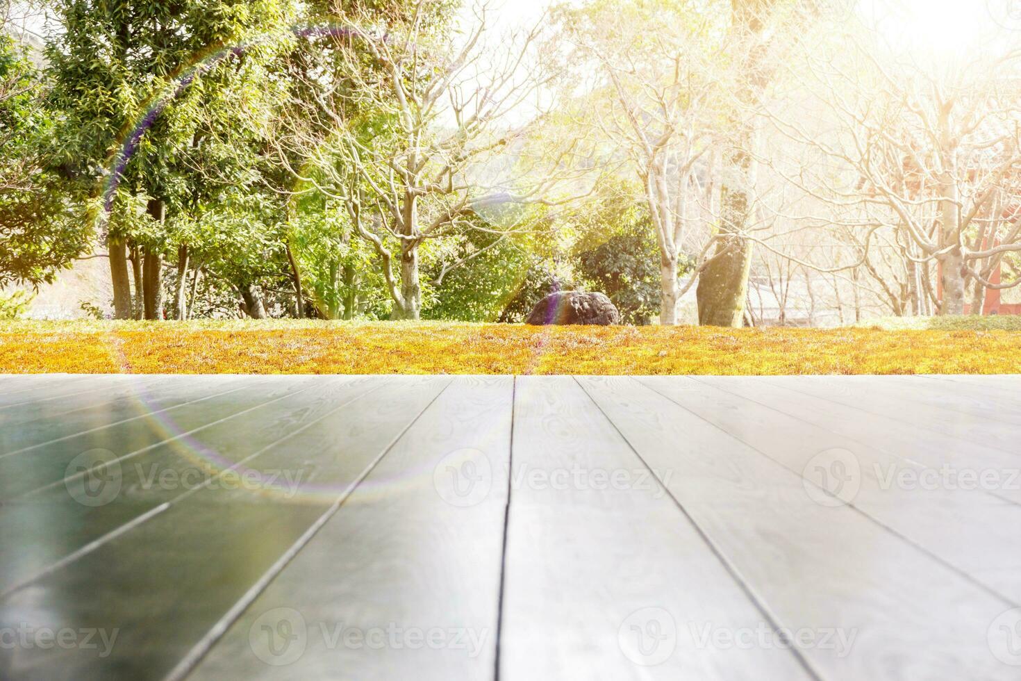 Closeup black wooden balcony on grass field and summer trees with sun and lens flare background. photo