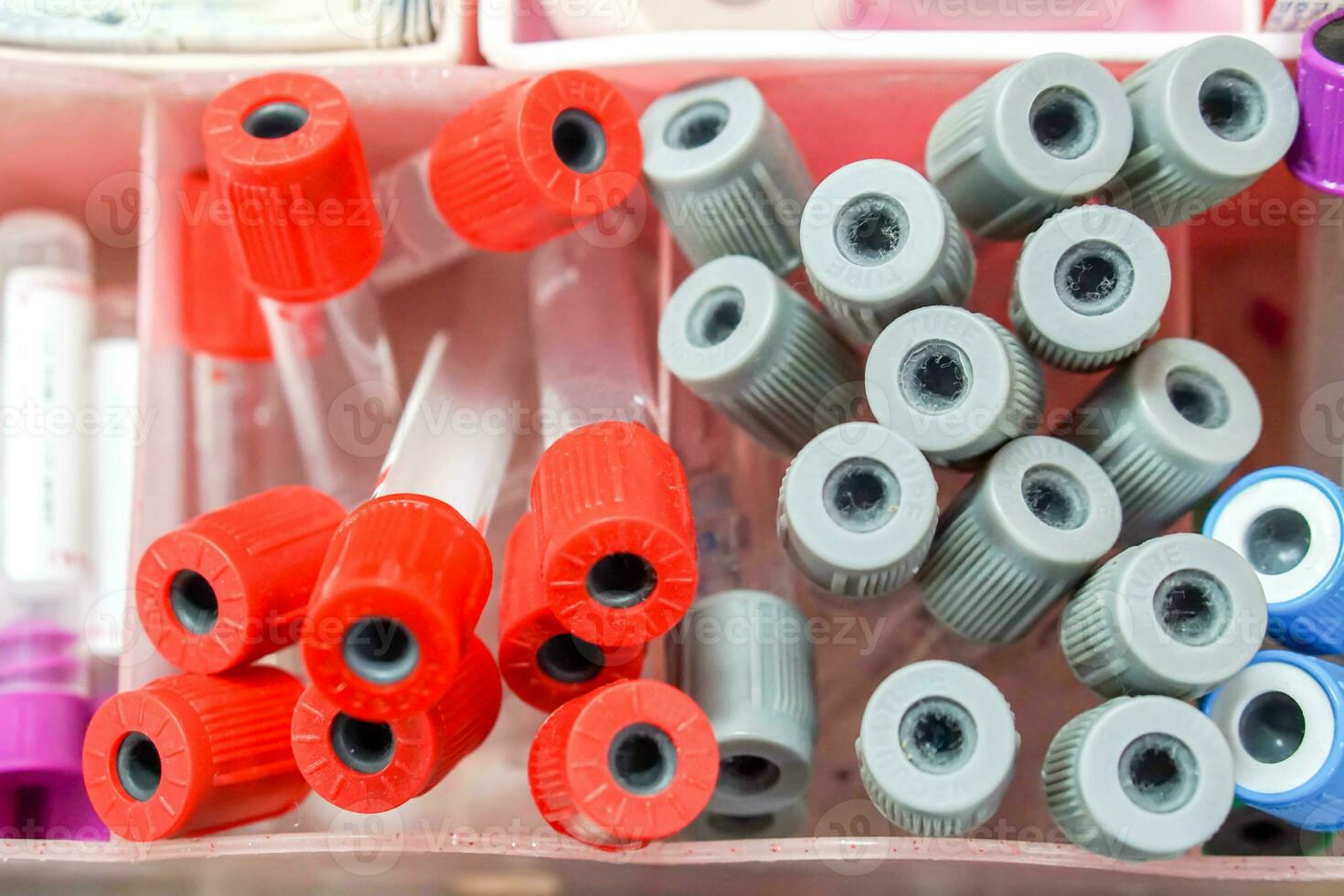 Top view of Medical Blood tubes in the box for ready to use for patient. photo