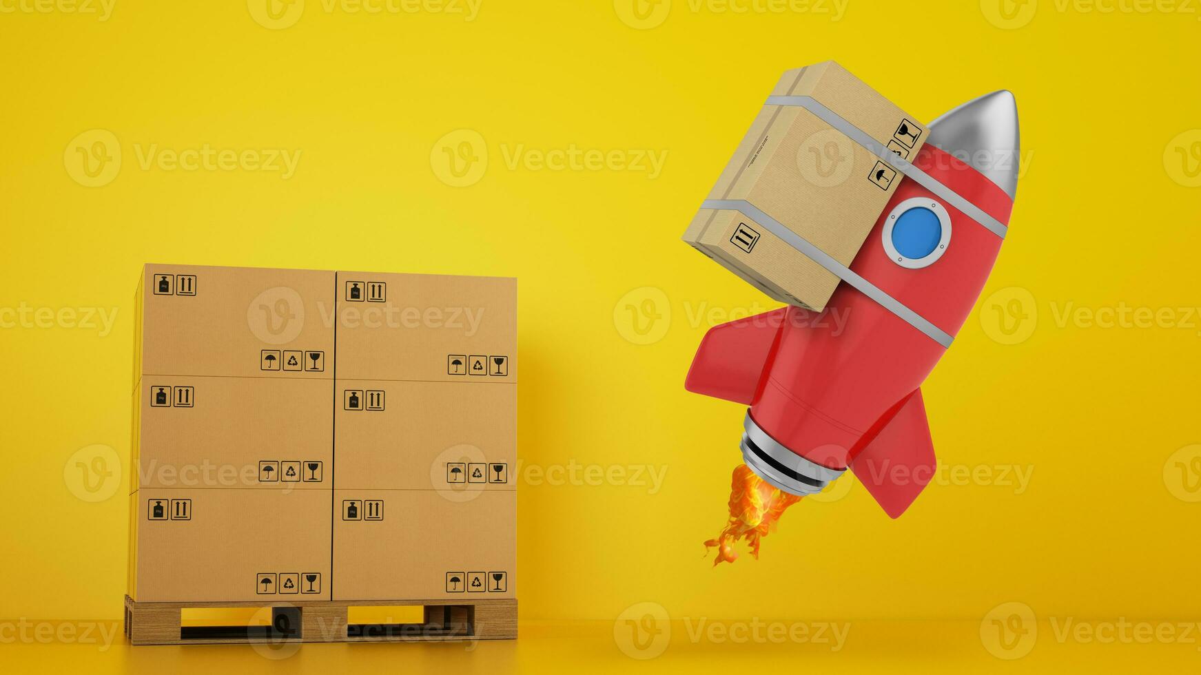 Rocket with attached package is ready to start. Concept of fast and priority delivery. Yellow background. 3D render photo