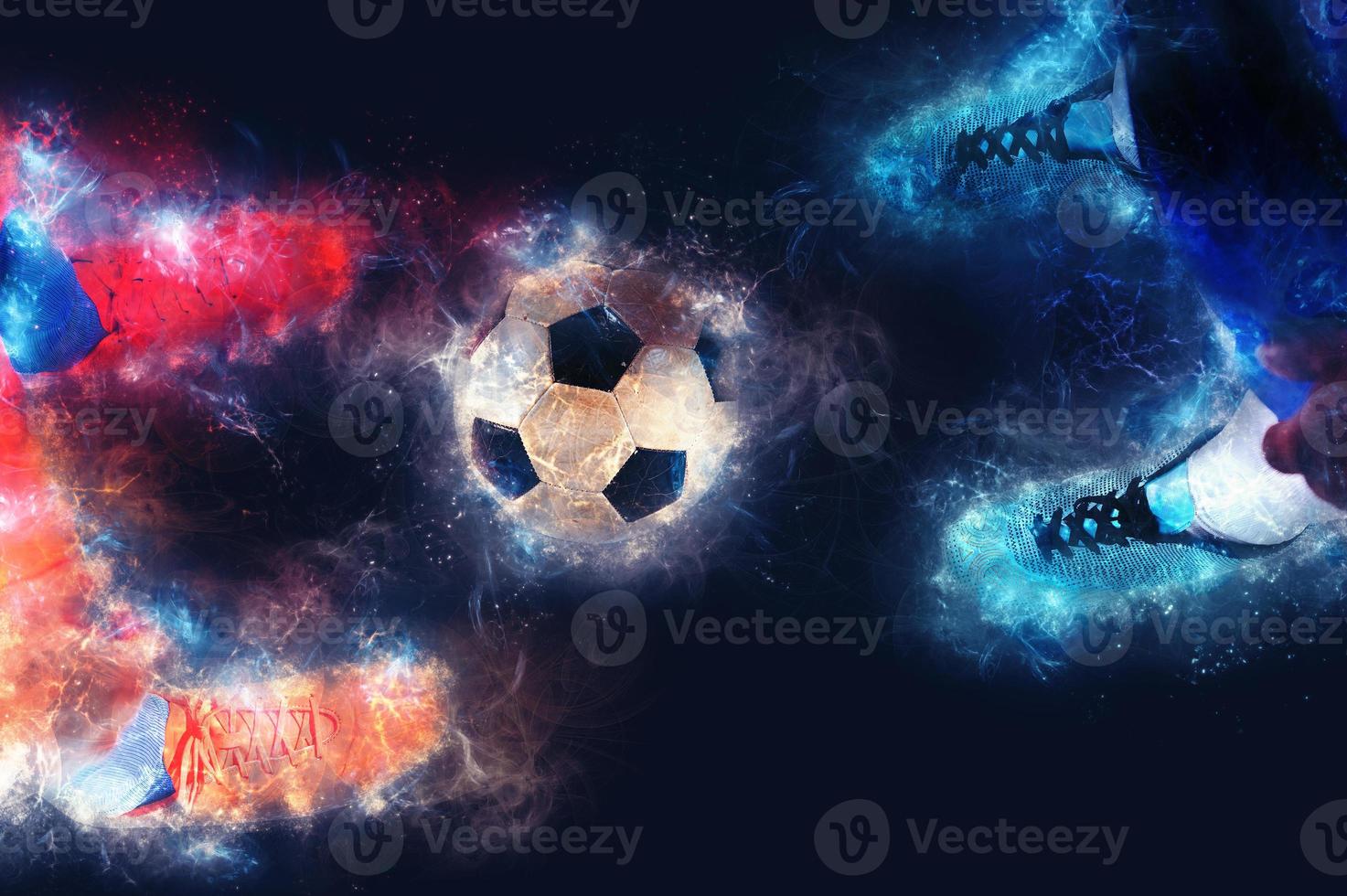 Two soccer players challenge each other at the stadium with electric energy effects photo