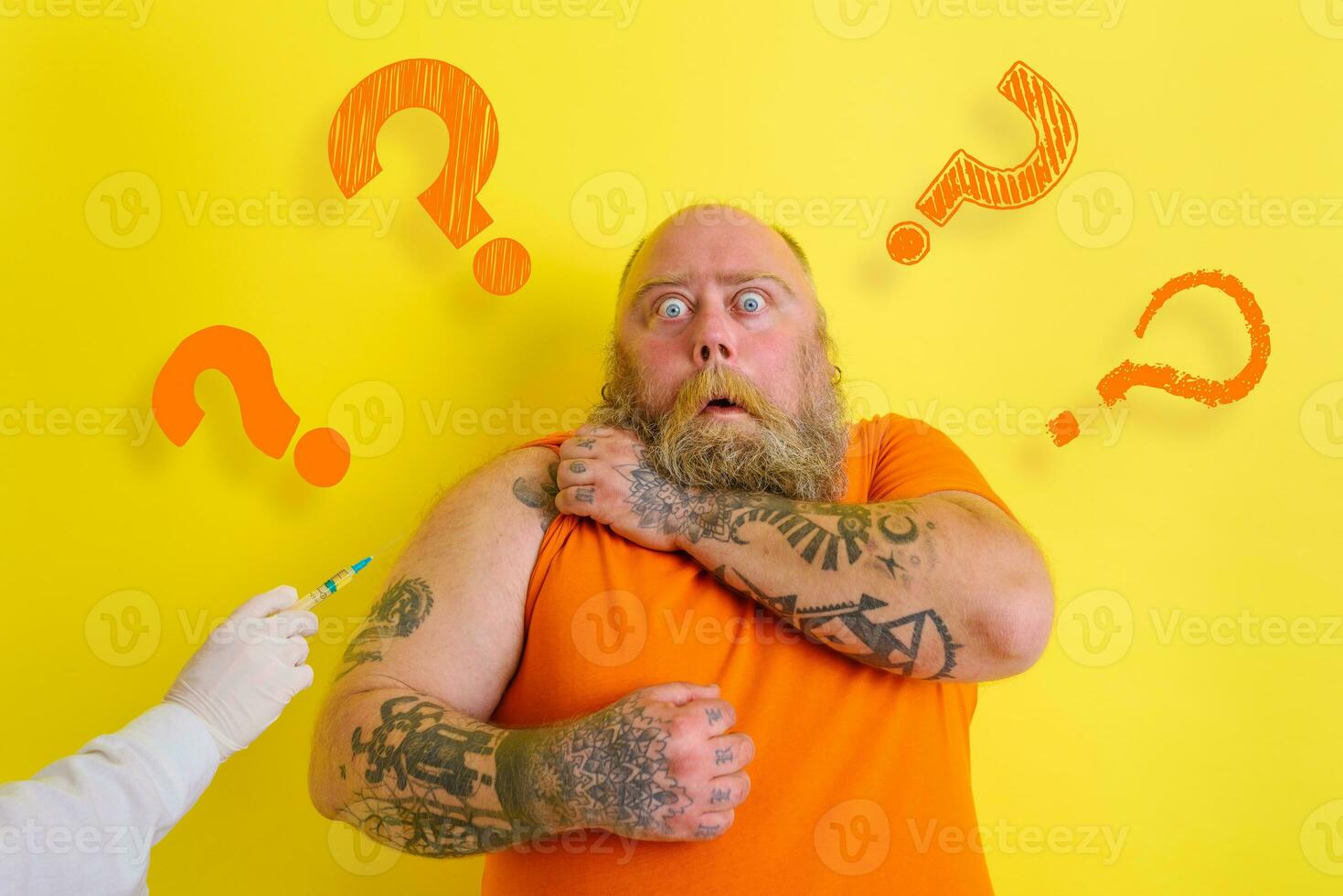 Fat doubter man has doubts about covid-19 vaccine photo