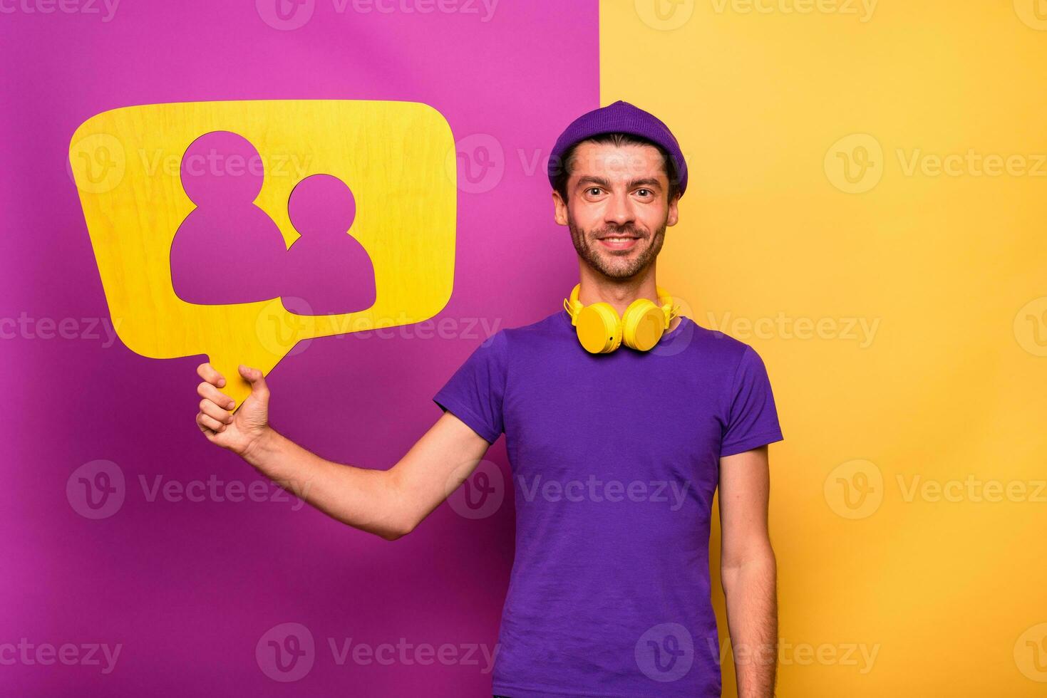 Man is happy to have a lot of friends on social network photo