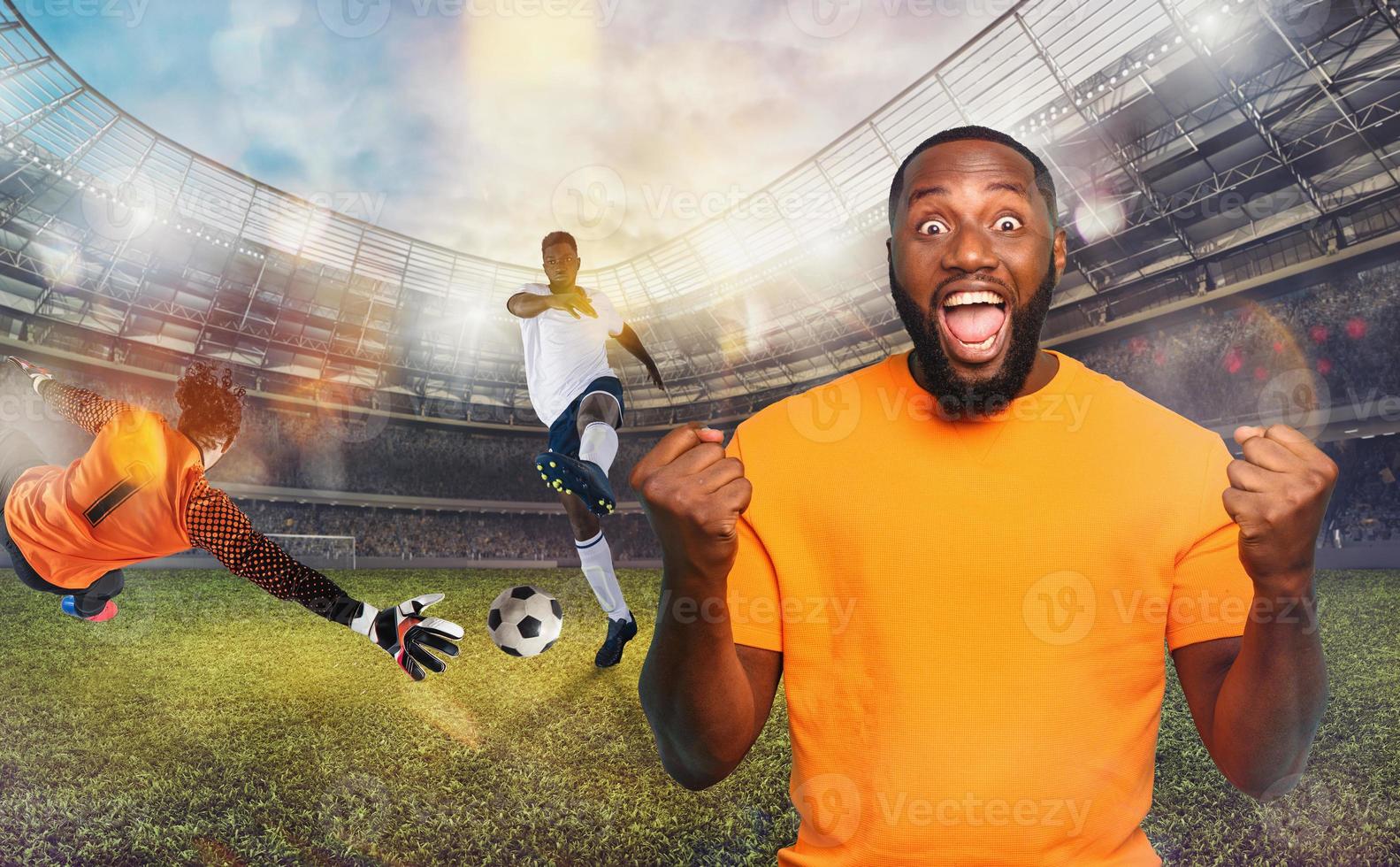 Soccer fan exults watching a football match at the stadium photo