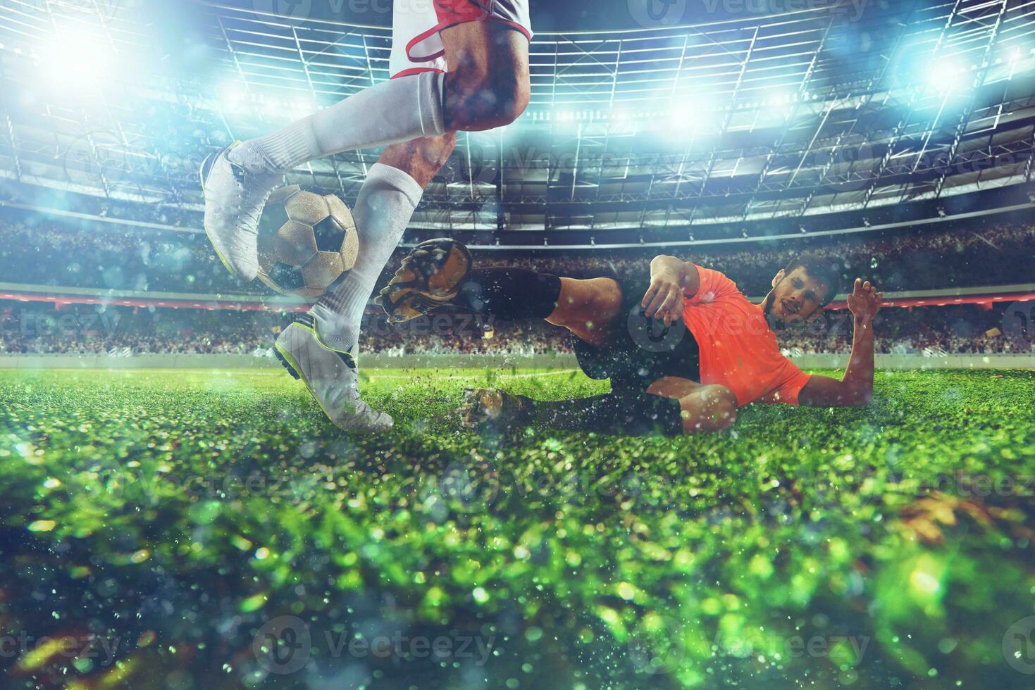 Close up of a football action scene with competing soccer players at the stadium during a night match photo