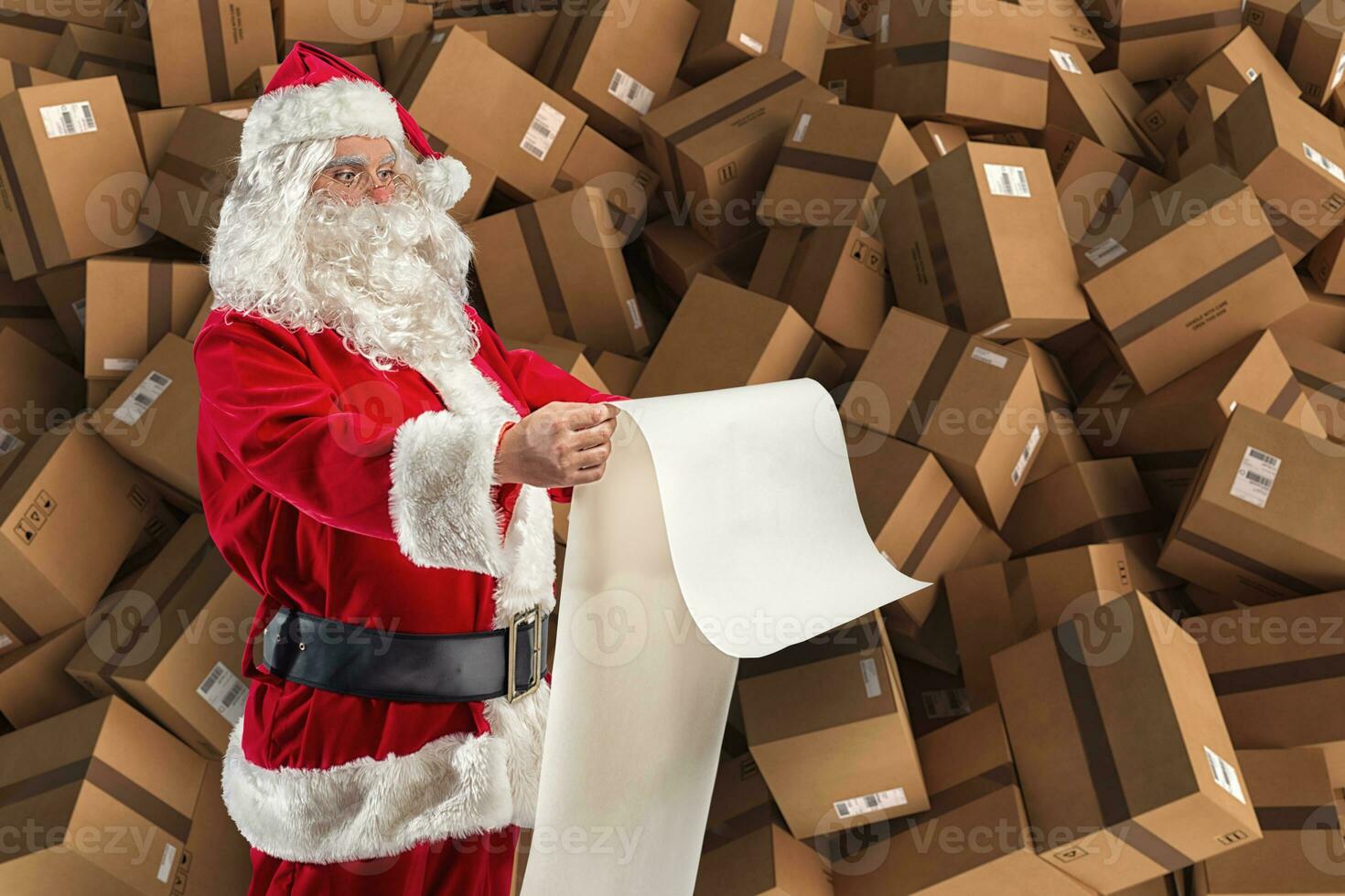 Papa Noel claus es lleno de regalos solicitud y cajas a entrega foto