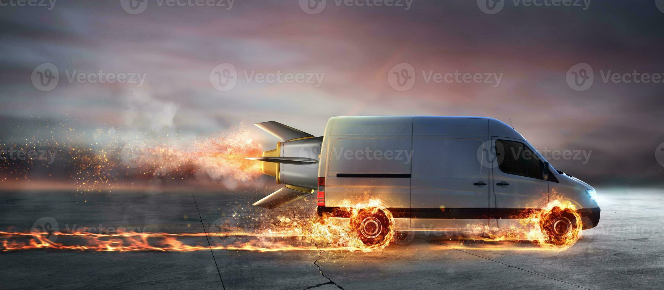 Super fast delivery of package service with van with wheels on fire photo