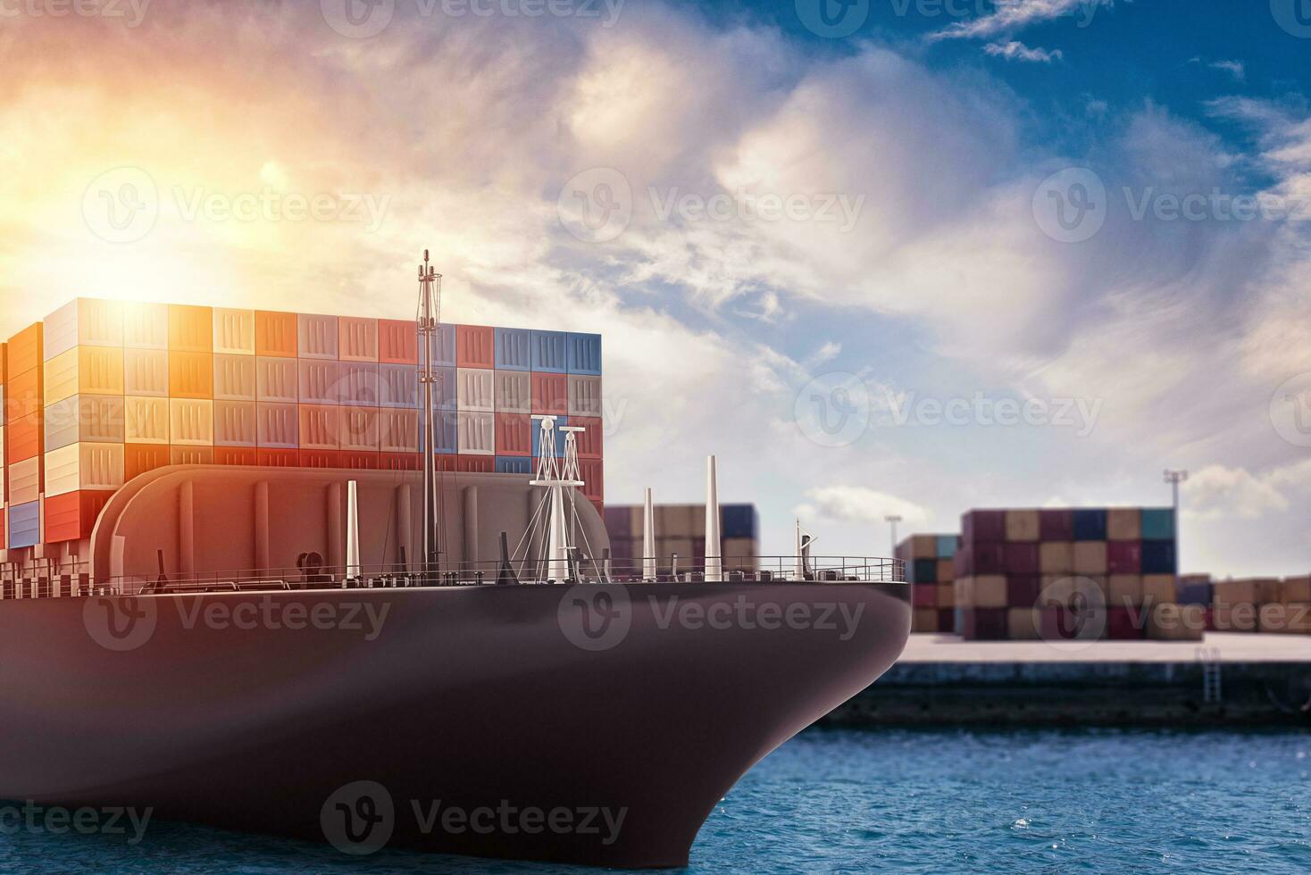 Cargo ship at the port ready to travel with packages. 3d rendering photo