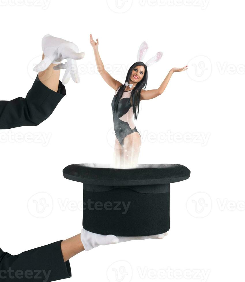 Woman bunny magically comes out of hat photo