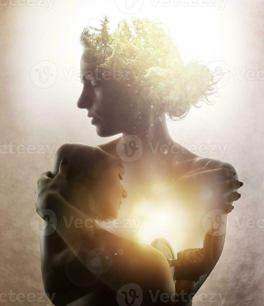 Girl with tree in hair and fitness spirit inside. Double exposure photo
