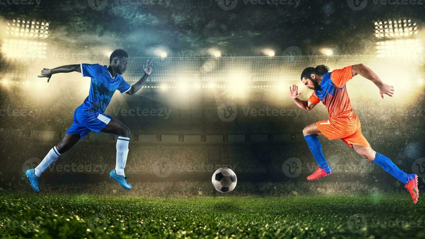 Two soccer players challenge each other chasing the ball at the stadium photo