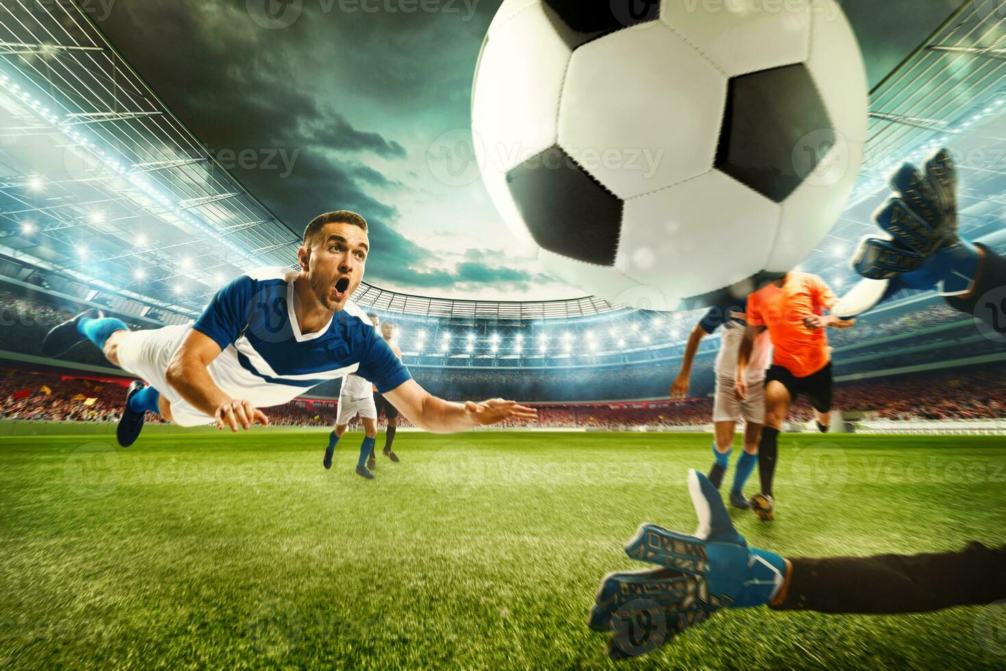 Football scene with competing football players at the stadium. 3D Rendering photo