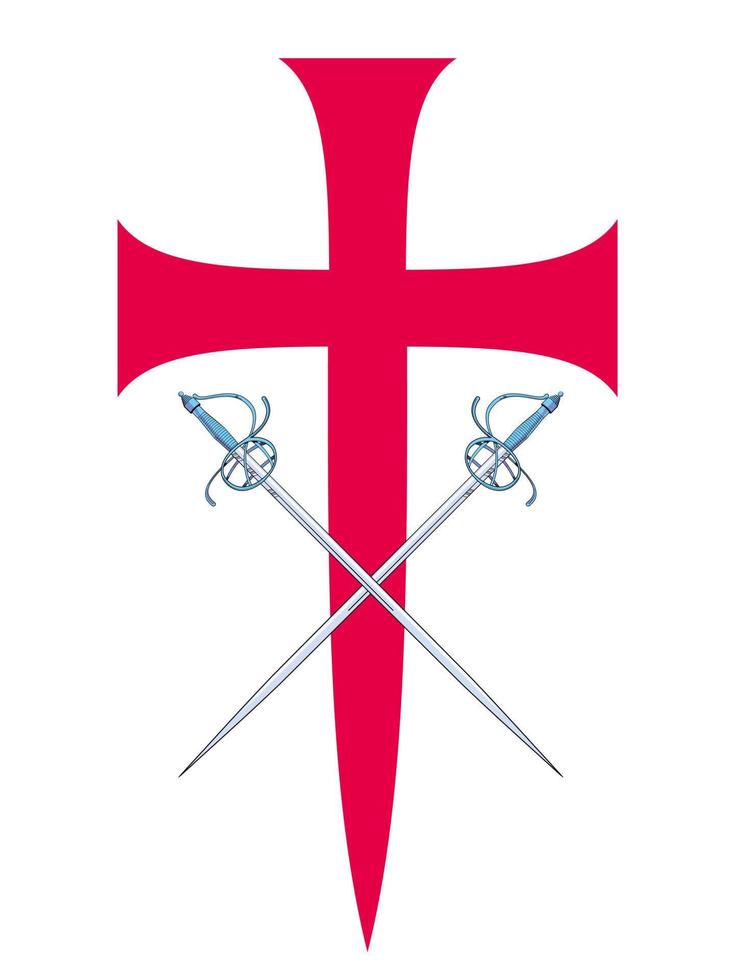 Vector illustration of two swords clashing over a red cross. Ideal design for chivalry and adventure comics.