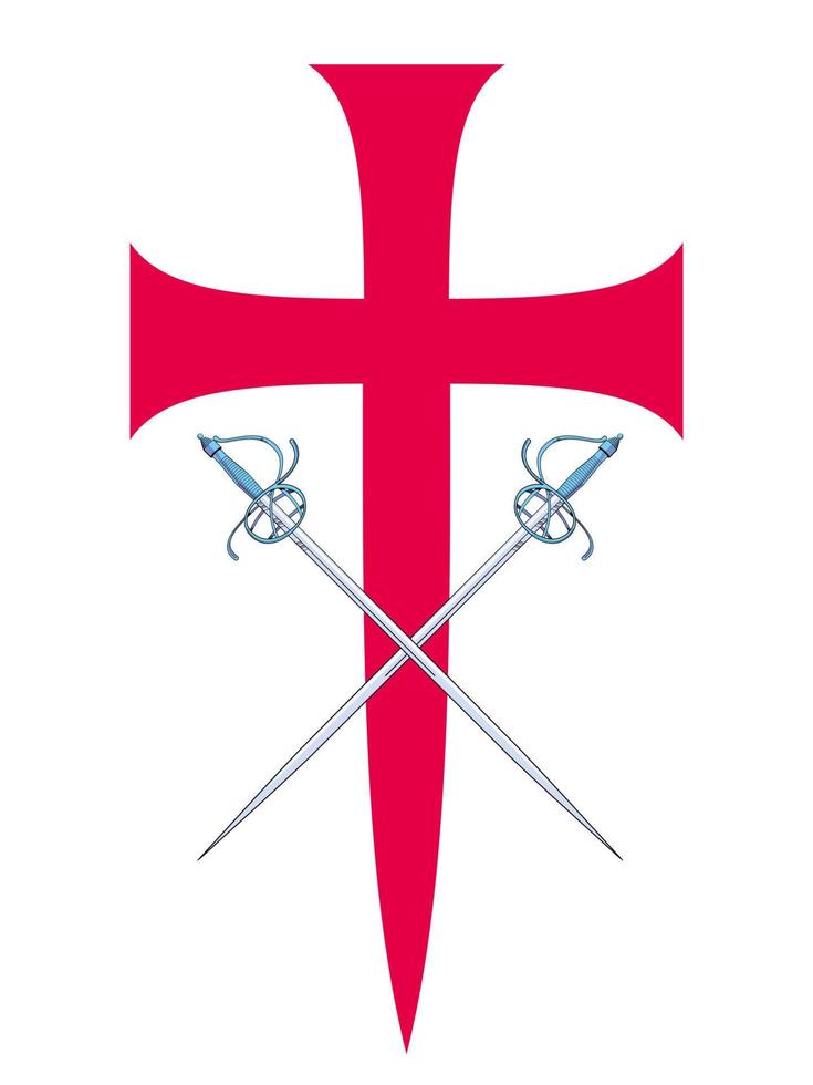 Vector illustration of two swords clashing over a red cross. Ideal design for chivalry and adventure comics.