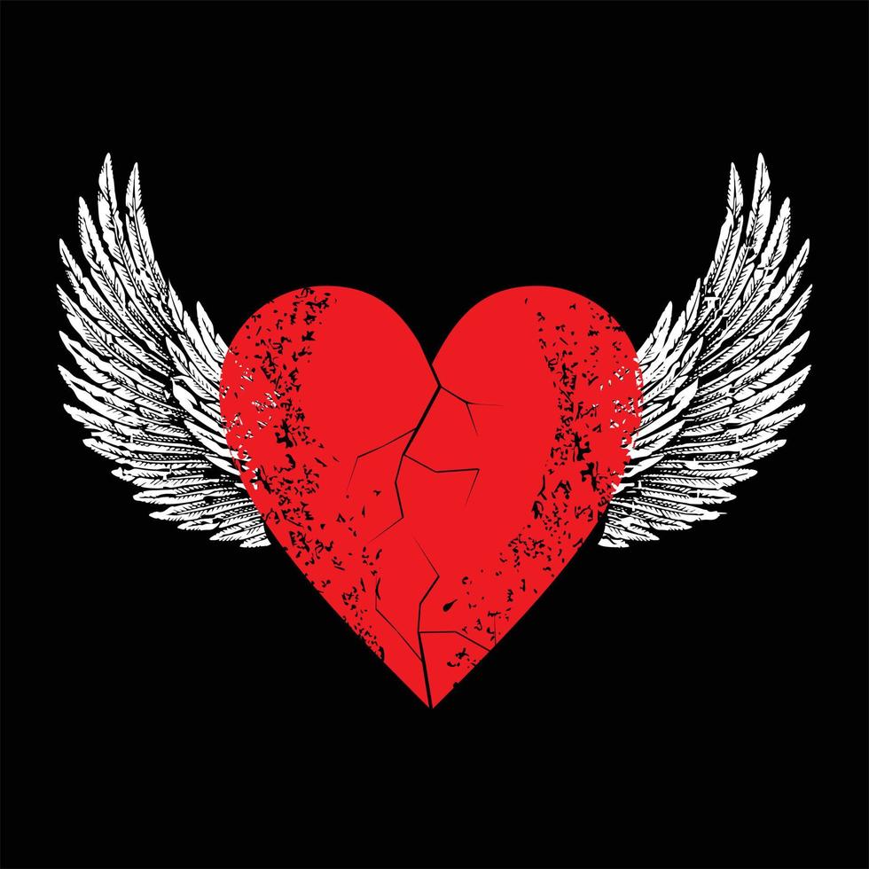 Vector design for t-shirt of a red heart with white wings isolated on black. Illustration of a broken heart flying.