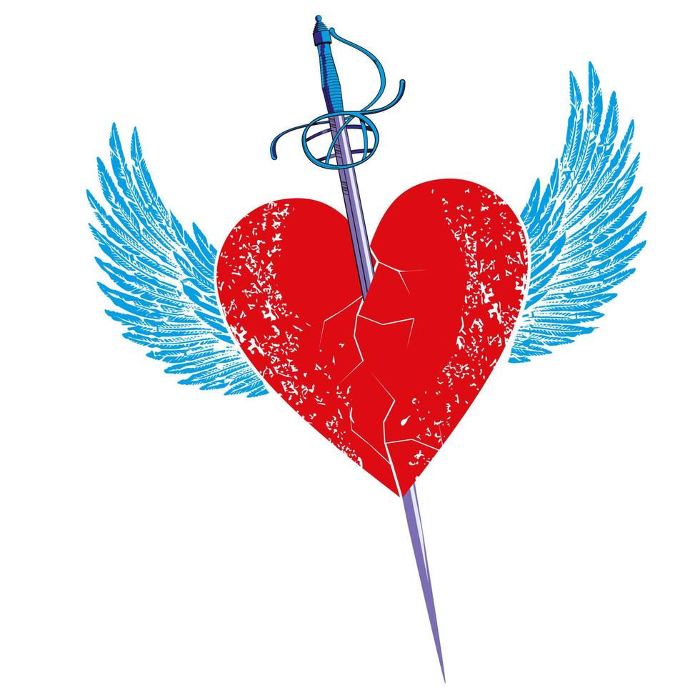 Vector illustration of a sword stuck in a winged heart isolated on white. Romantic drawing for Valentine's day t-shirts and posters.