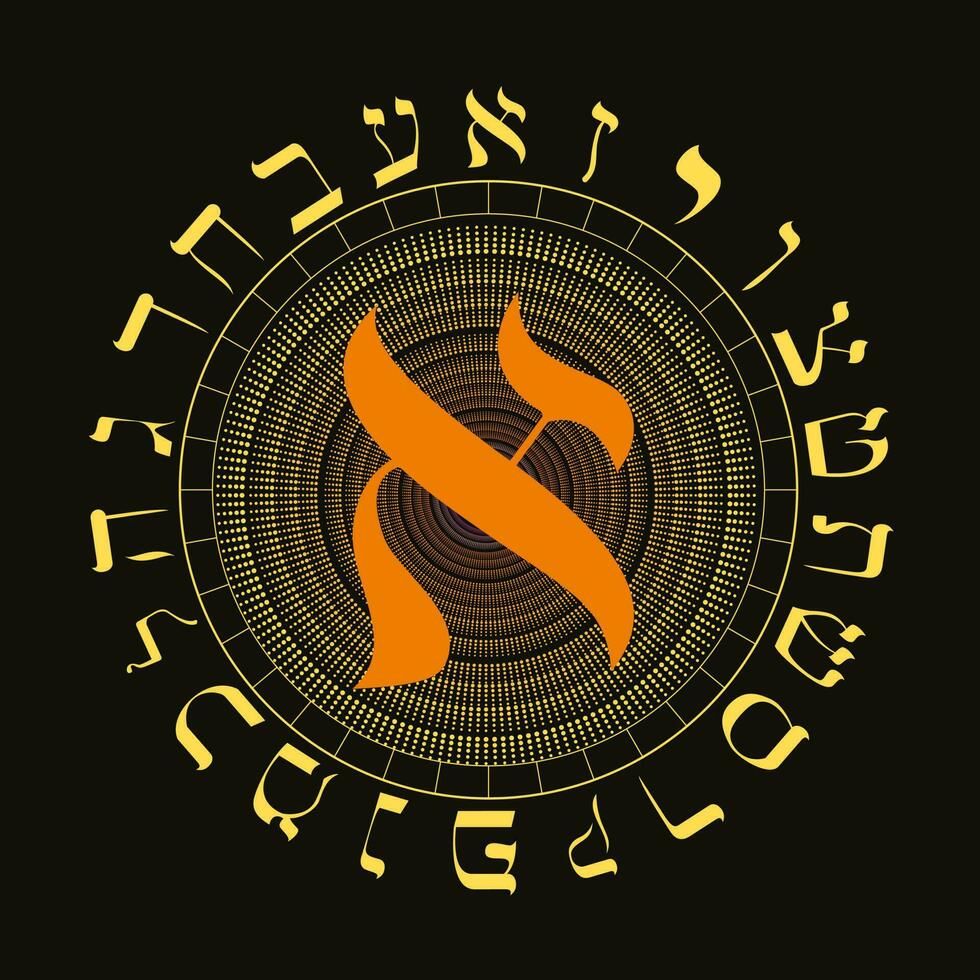 Vector illustration of the Hebrew alphabet in circular design. Hebrew letter called Aleph large and reddish orange.