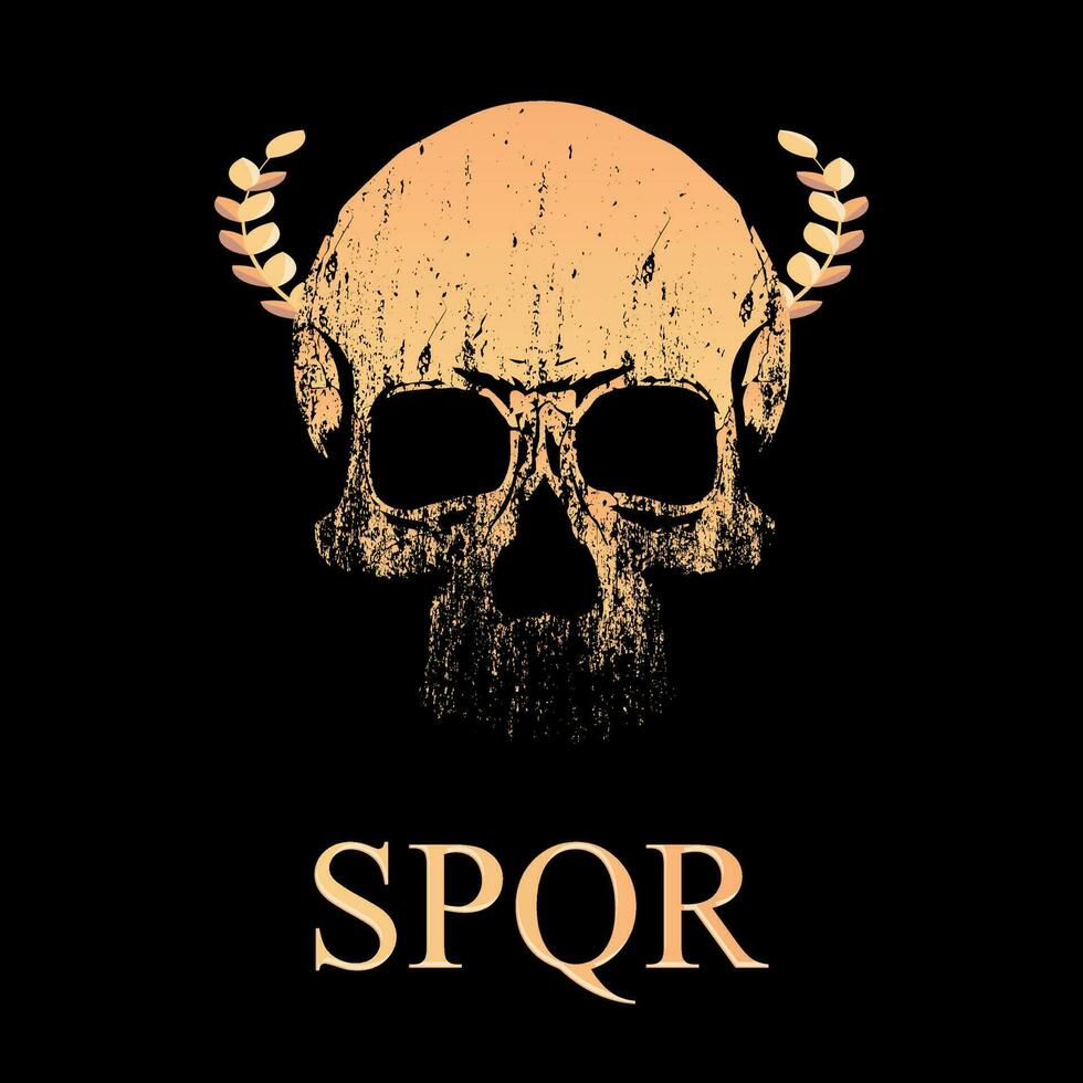 Vector illustration of golden skull with laurel wreath isolated on black background. Head of dead Roman emperor.