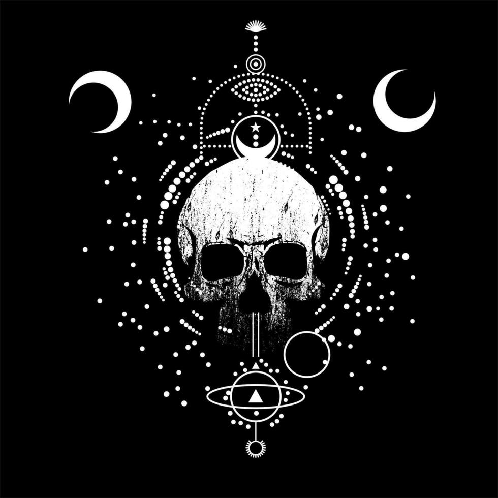 Skull t-shirt design with astrological symbols. Vector illustration for posters.