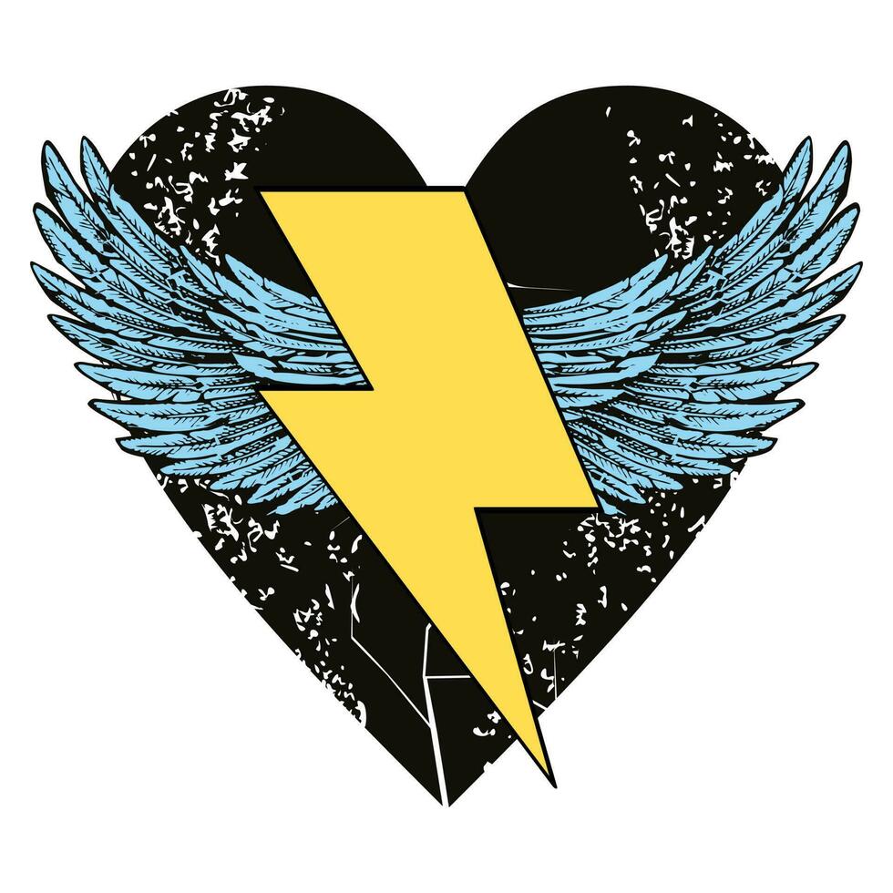 Vector illustration of the symbol of the lightning with wings on a black heart. Design for t-shirts, stickers or posters.