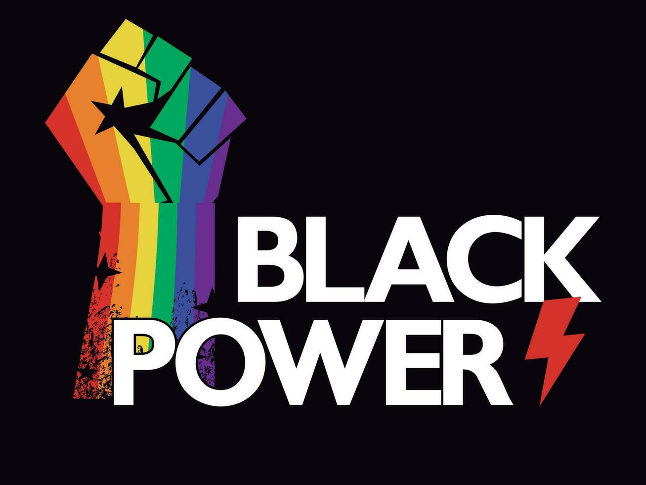 Black Power. T-shirt design of a fist with the colors of the rainbow and the symbol of thunder. vector illustration for black history month. gay pride poster