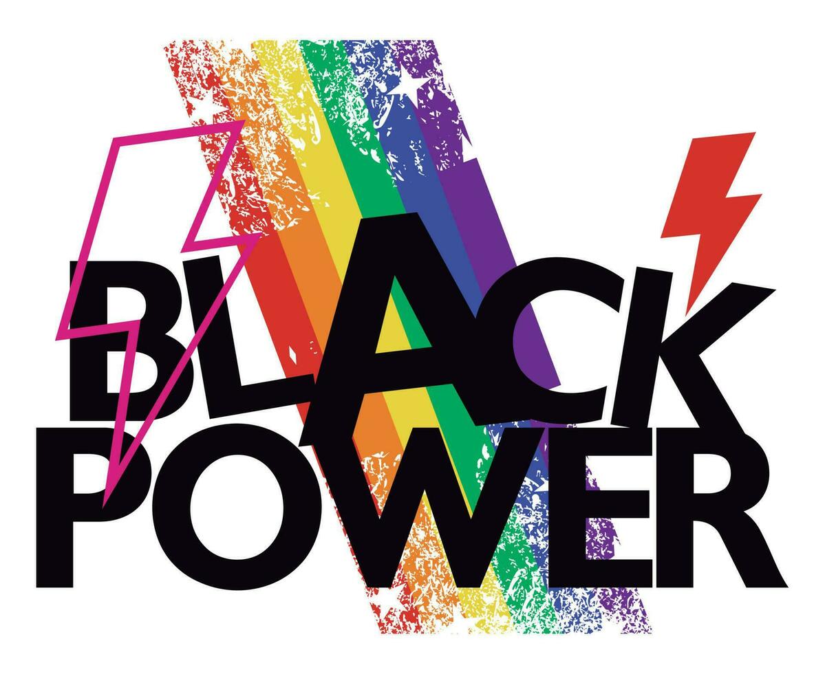 Black Power.  typographic design with black letters, lightning symbol and rainbow colors. Vector illustration for black history month. Gay pride poster