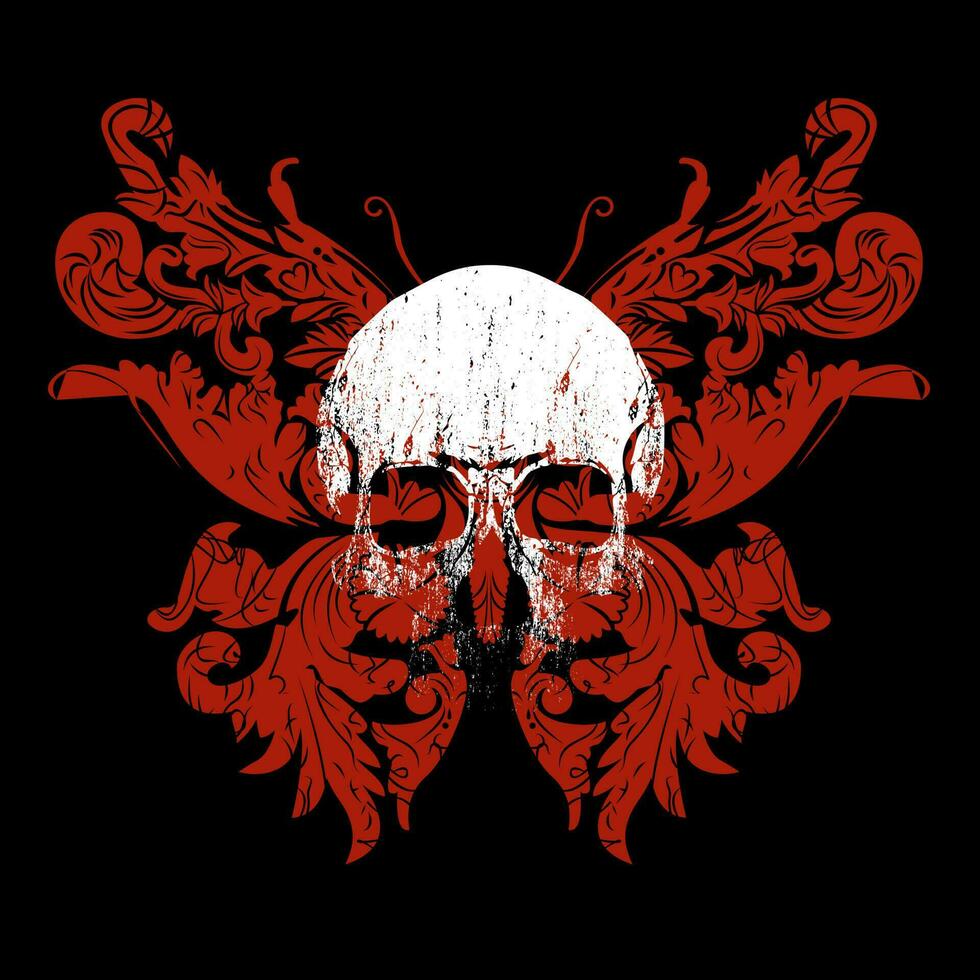 T-shirt design of a skull and a red butterfly isolated on black vector