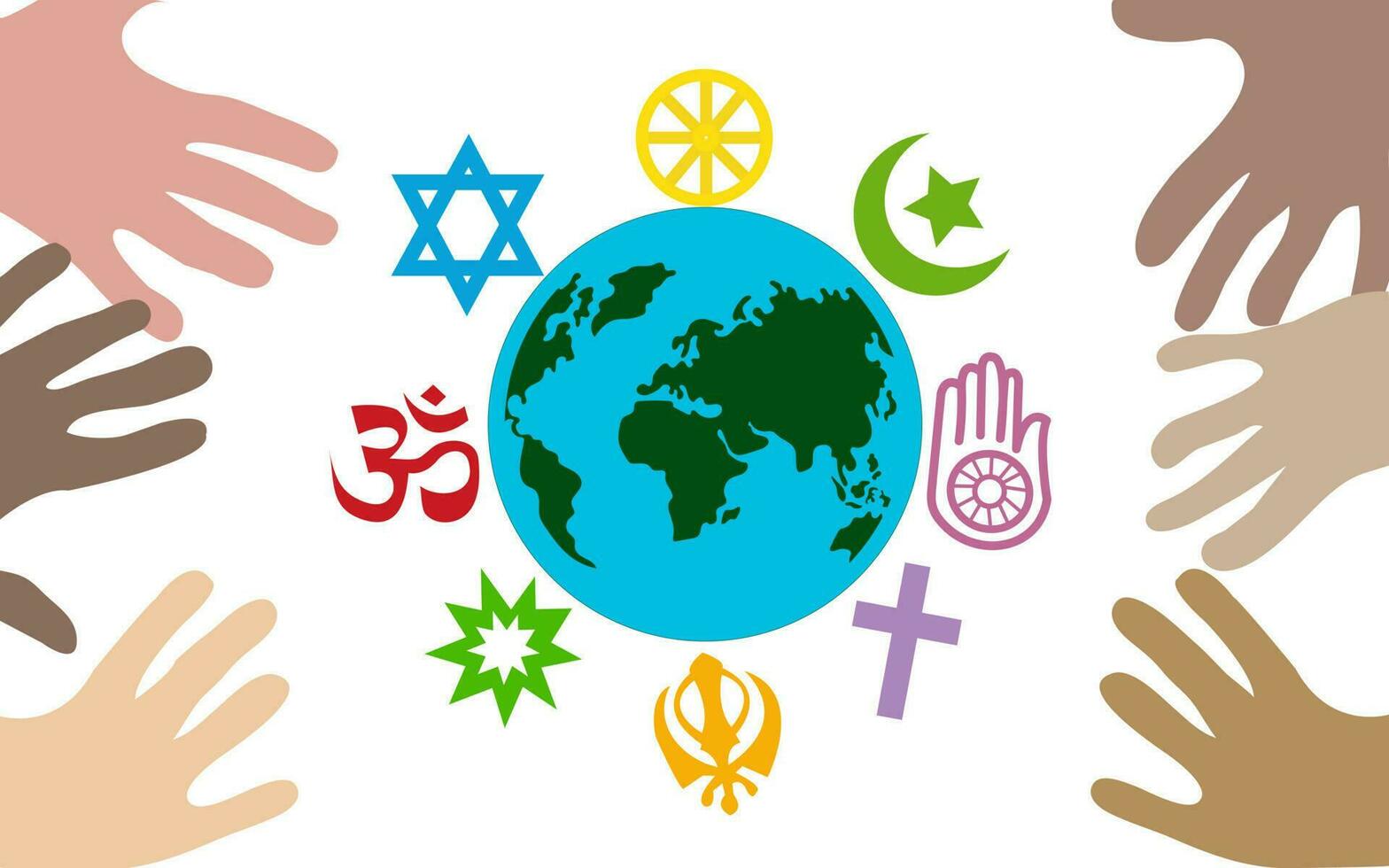 Hands around the globe and the symbols of the religion. Vector illustration.