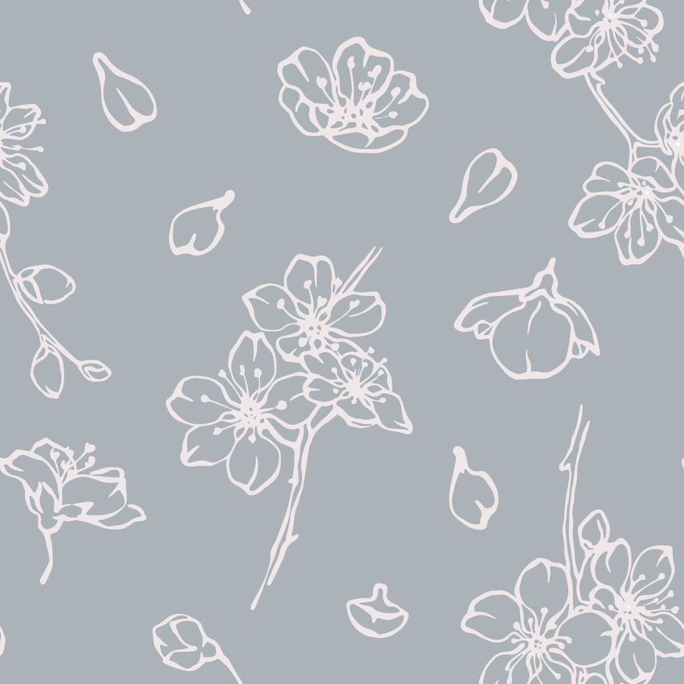 Cereza florecer sin costura modelo con floreciente flores, brotes y pétalos línea dibujo en gris antecedentes. vector romántico floral impresión diseño para Boda invitación, textil, fondos de pantalla, envase papel.