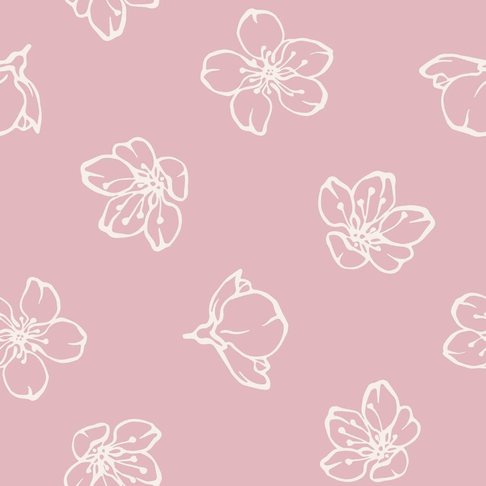 Spring cherry blossom seamless pattern with blooming branches, flowers, buds and petals outline drawing on pink background. Vector floral print design for wedding invitation, textile, wallpapers