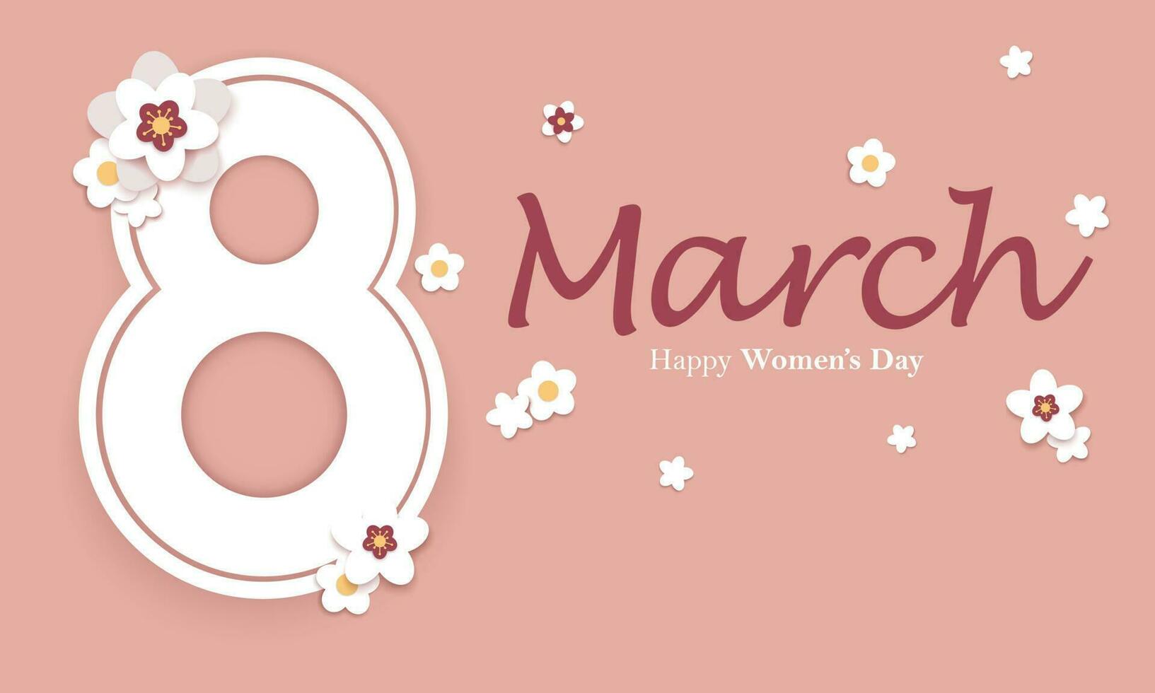 8 March and Women's Day horizontal greeting card or banner vector design. Big eight number and cherry blossom flowers in paper cut style on pale pink background.