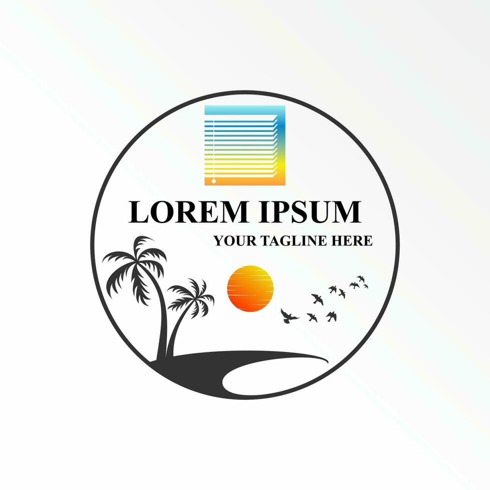 Window, palm trees and birds in island or beach image graphic icon logo design abstract concept vector stock. Can be used as a symbol related to plant or vacation