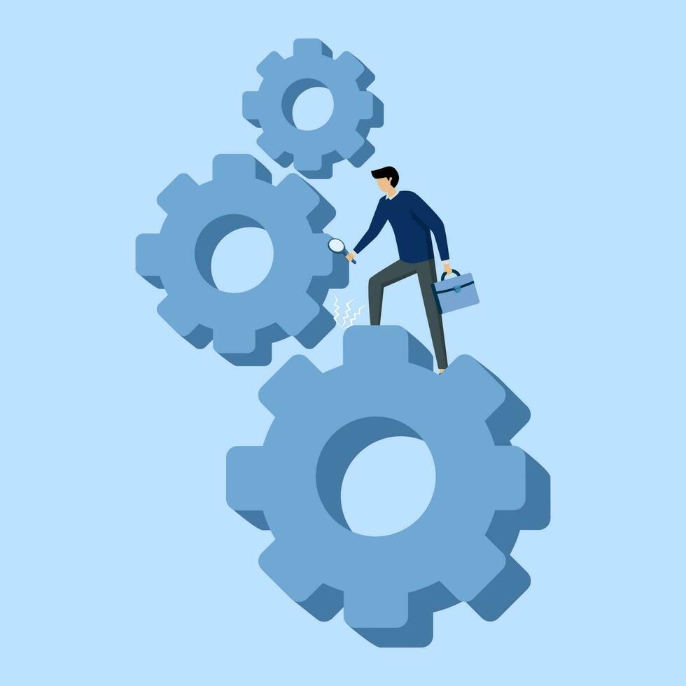 Problem analysis concept to improve process, smart businessman leader with magnifying glass to analyze gears problem. solving business problems, project management or development concept. vector