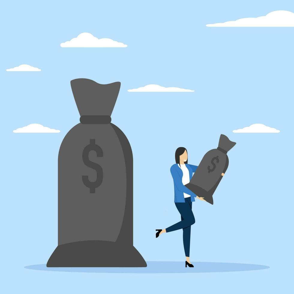 Commission Payment concept, businesswoman standing with money bag and commission share. interest rate for loan repayment or investment profit percentage, incentive to reward or motivate concept. vector