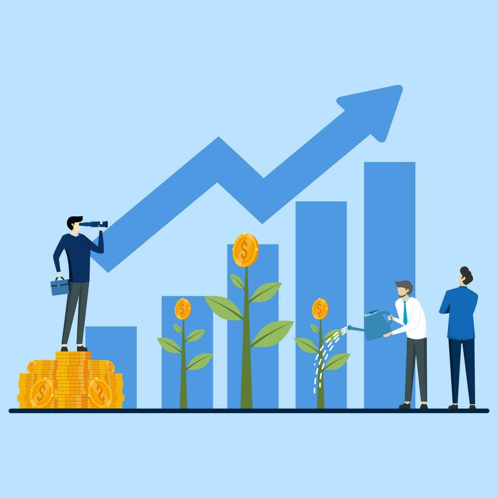 Concept of business opportunity or investment and market prediction, future growth or career development vision, income increase and growth, businessman standing with telescope binoculars. vector