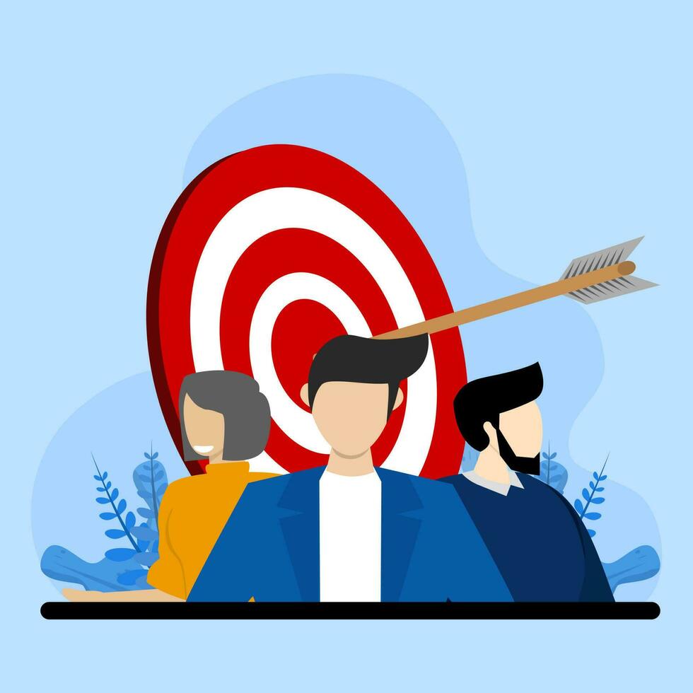 target audience concept, marketing research, public relations concept, target marketing concept, achievement concept, people in target, flat vector illustration.