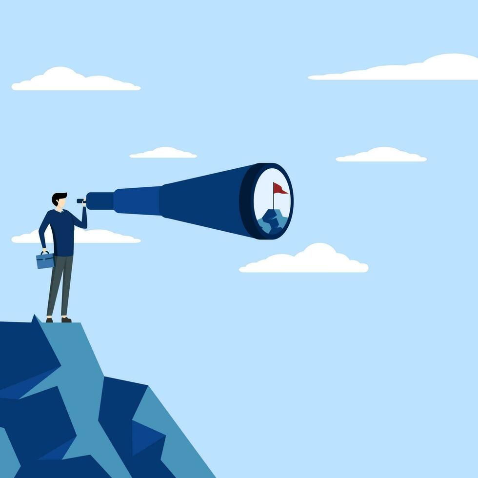 motivation for success, challenge and determination to win concept, Ambition to aim high and achieve business goals, ambitious businessman looking through telescope for mountain peak target. vector